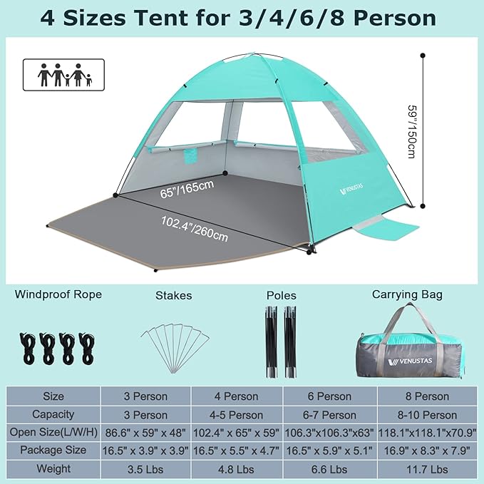 Venustas Beach Tent Sun Shelter for 3/4-5/6-7/8-10 Person, UPF 50+ UV Protection Beach Canopy, Lightweight and Easy Setup Cabana, Portable Shade Tent