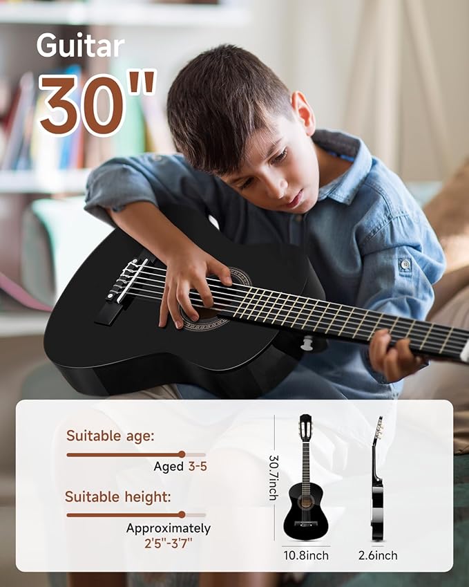 Moukey 30" Acoustic Guitar for Beginners Kids Youth 1/4 Size Dreadnought Guitarra Acustica Kit with Chord Poster, Gig Bag, Tuner, Picks, Nylon Strings, Capo, Strap - Black