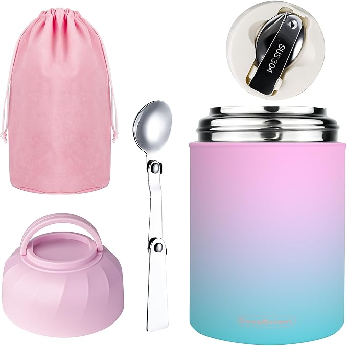 Soup Thermo for Hot Food & Drinks, Thermo Lunch Box for Kids, 17oz Vacuum Insulated Food Container with Spoon&&Drawstring Bag, Soup Therm for Adults, Pink&Green