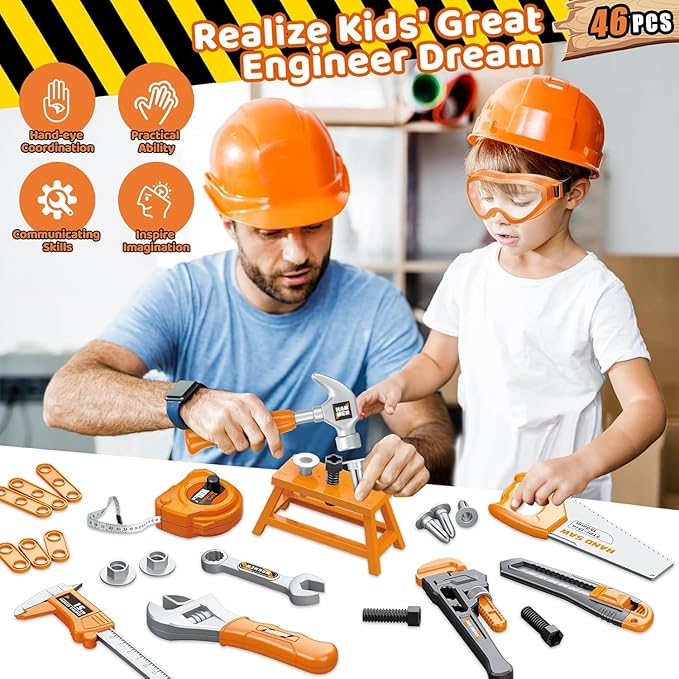 Kids Tool Set with Portable Tool Box & Electronic Toy Drill, Toddler Tool Set,Tool Play Toys Construction Tools for Kids Ages 3 4 5 6, Christmas & Birthday Gifts for Boys