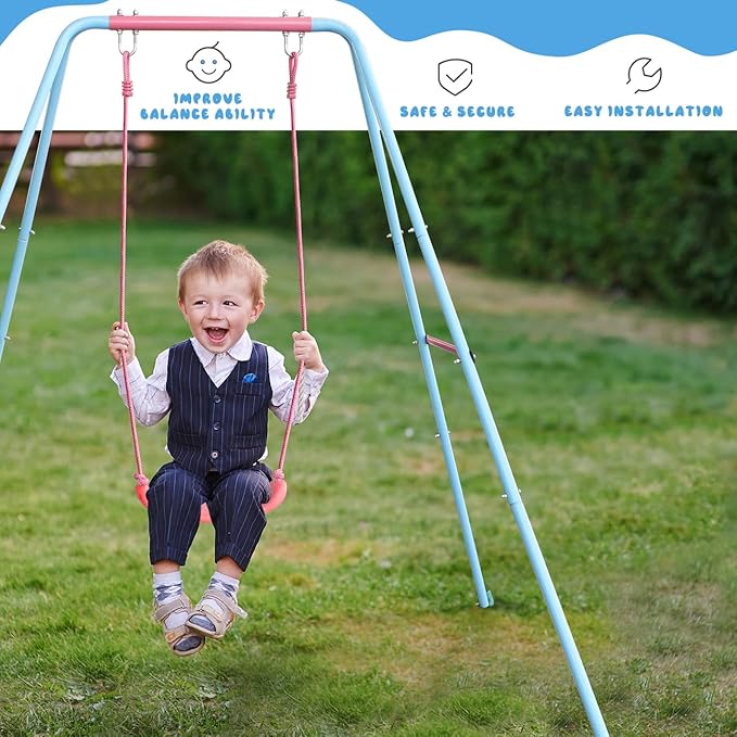 2-in-1 Toddler Swing Set with Metal Stand, Safety Belt & 4 Anchors - A-Frame Swing for Kids 6 Months+ (Pink, Indoor/Outdoor Backyard Playground)