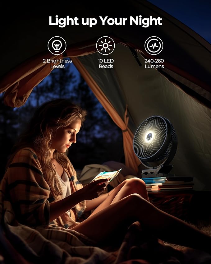 Koonie 10000mAh Portable Clip on Fan with LED Lantern and Hook, 8'' Battery Operated Desk Fan, Quiet Camping Fan with LED Digital Display, 360° Rotation & 3 Speeds for Travel Tent Gym Treadmill