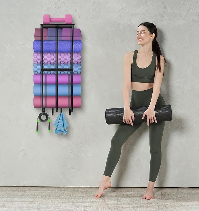 Yoga Mat Holder Yoga Mat Holder Wall Mount Home Gym Accessories Organizer,Towel Storage Rack with 4 Hooks for Hanging Foam Roller and Resistance Bands Gym Organization for Home Gym