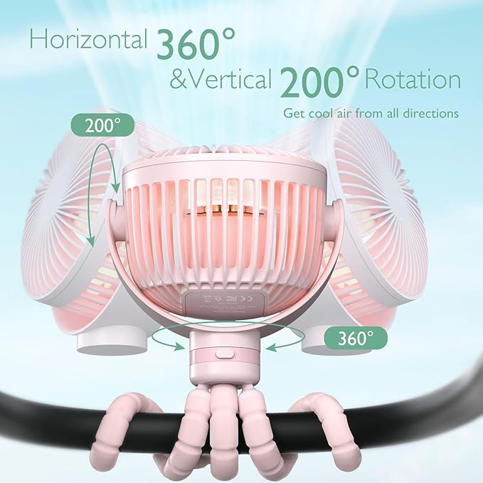 Momcozy Portable Stroller Fan, 8000mAh, 27H Ultra-long Battery Life, Detachable 4 Speed 360°Rotate, LED Night Light with 2 Modes, USB Rechargeable Handheld Cooling Fan for Travel, Car Seat, Bedroom