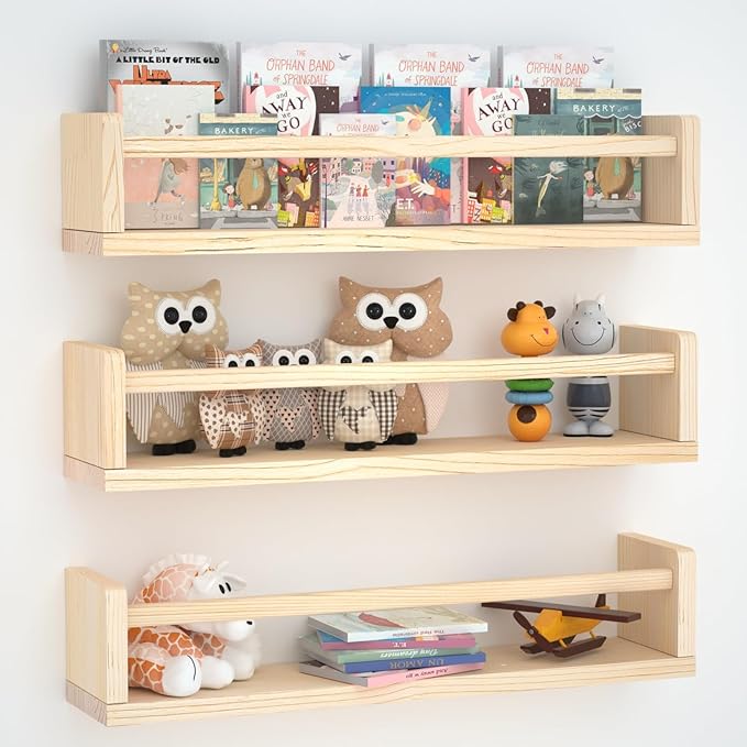 Nursery Floating Shelves for Kids Room, Set of 3 Wall Book Shelves for Kitchen Living Room, Book Shelf Wall Mounted for Baby Kids Bedoom Bathroom (Nature, 24inch Set 3)