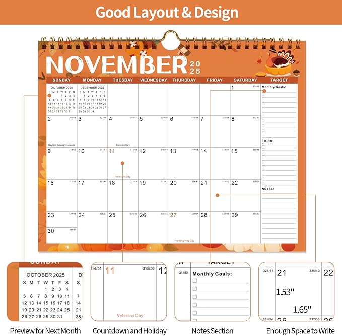 Calendar 2025-2027 22 Monthly Wall Calendar Runs from September 2025 until June 2027 Spiral Binding Hanging 11.5" x 14.7" Thick Paper with Julian Dates and Block for School Office（Festive)