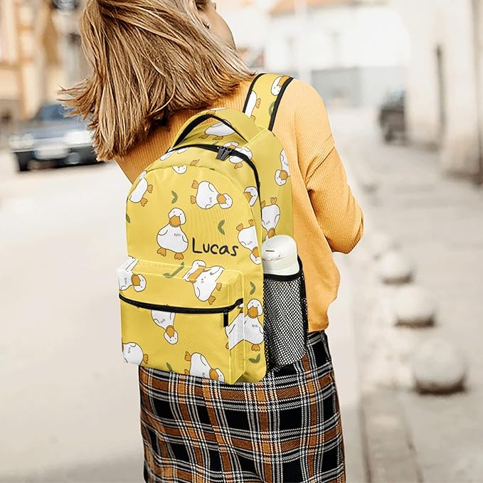 Cartoon Duck Yellow Custom Kids Backpack 16.5 Inch for Boy Girl, Personalized Waterproof Child School Travel Bag with Name, 16.5’’ X 12.2’’ X 5.9’’