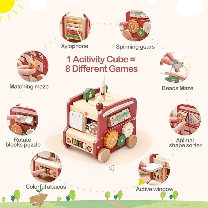 EERKEOD Wooden Activity Cubes for Toddlers Montessori Toys for Boys Girls Educational Learning Toys for Kids Wooden Toys for First Birthday Gift