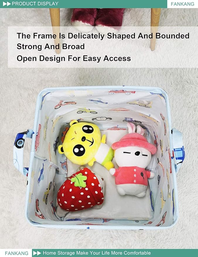FANKANG Square Nursery Hamper Storage Bins Canvas Laundry Basket Foldable with Waterproof PE Coating Storage Baskets Gift Baskets for Children, Office, Bedroom, Clothes（Square-Car ）