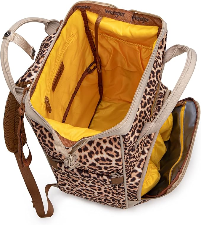 Wrangler Leopard Print Backpack Multifunction Baby Travel Bag with Changing Pad, Stroller Straps and Pacifier Case WG2204-91103LP-BR