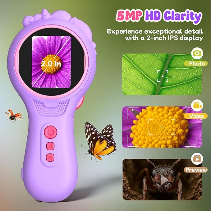 Flooyes Microscope for Kids 5-12, 5MP HD Digital Handheld Microscope with 4X Magnification, Mini Pocket Portable MicroScope Educational Science Toys Birthday Gifts for Age 4 5 6 7 8 9 10 11 Girls