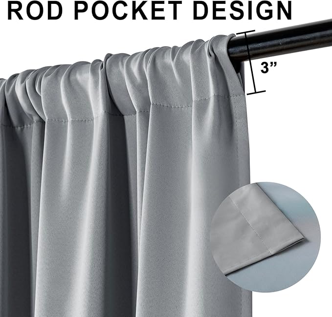 XWZO 100% Blackout Curtain Panels - Rod Pocket Thermal Insulated Black Liner, Noise Reducing and Heat Blocking Drapes for Hall and Studio Windows with Tiebacks, Grey, W52 x L95, Set of 2