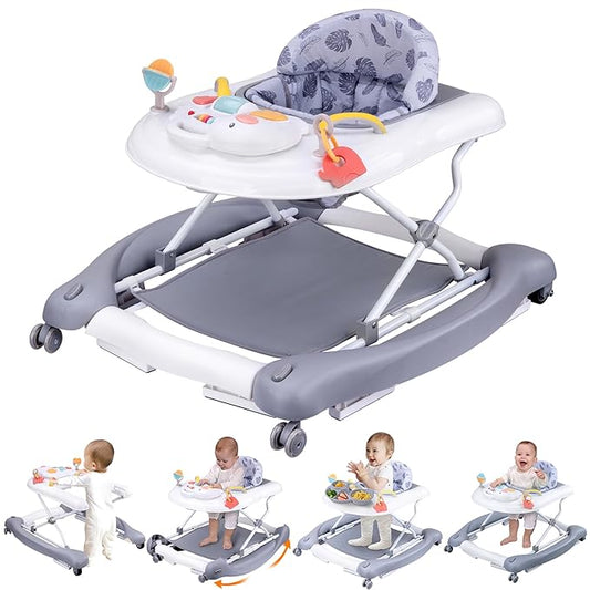 Foldable Baby 5-in-1 Activity Walker - Rocker, Activity Center, Bouncer, Seat, Push Walker - Adjustable Speed Rear Wheels and Height Toys Ages 6-18 Months (Grey)