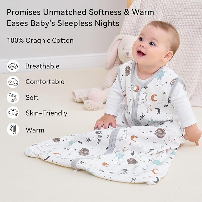 Baby Sleep Sack 12-18 Months 3 Pack 100% Cotton Lightweight 0.5 TOG Wearable Blanket Baby Sleep Bag with 2-Way Zipper for Newborn Infant White Gray Blue Space