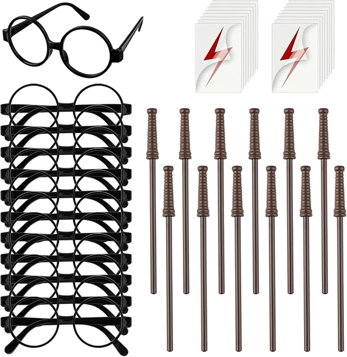 Wizard Theme Party Favors - Wand Pencils Wizard Glasses with No Lenses Lightning Bolt Scar Temporary Tattoo for Teen Kid Student Magic Birthday Party Favors School Reward Halloween Decor 12pcs each