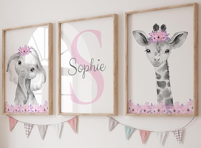 Safari Animals Girls Nursery Bedroom Unframed Set of 3 Poster Prints, Personalized Name Pink or Purple Flowers Wall Art Decor New Baby Gift Present, Elephant Giraffe Panda Zebra Lion (17x22)