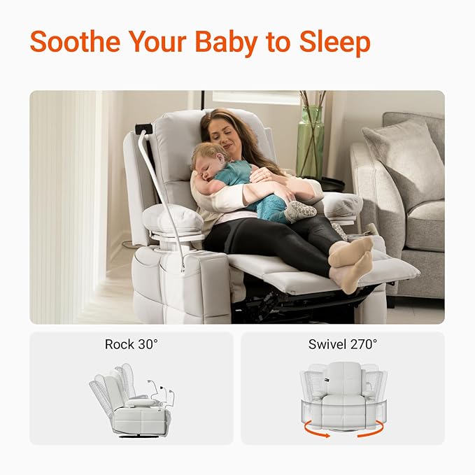 Rocking Chair Nursery with Adjustable Armrests, Electric Glider Recliner Nursing Chair for Breastfeeding, Power Swivel Recliner Chairs with USB Port and Storage, FSC Certified (Vanilla)