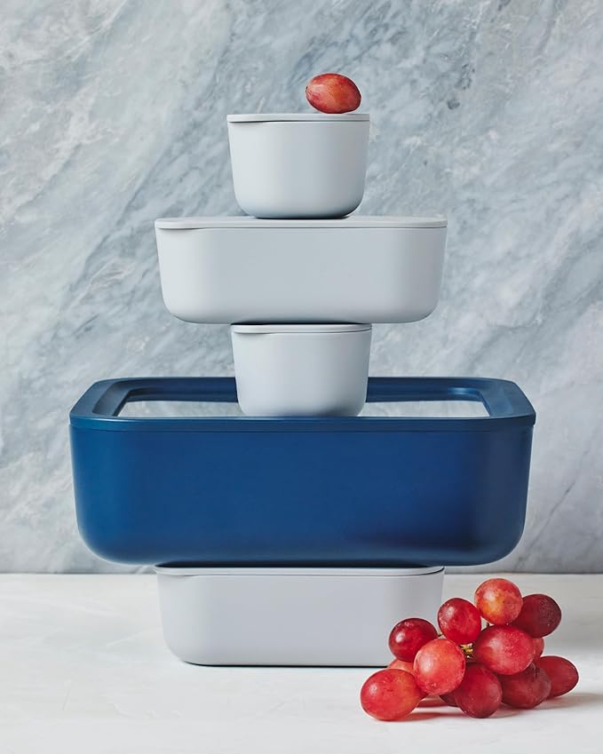 Caraway Glass Food Storage, 10 Cup Glass Container,Ceramic Coated Food Container,Easy to Store, Non Toxic, Non Stick Lunch Box Container with Glass Lids. Dishwasher, Oven,Square Shape,Navy