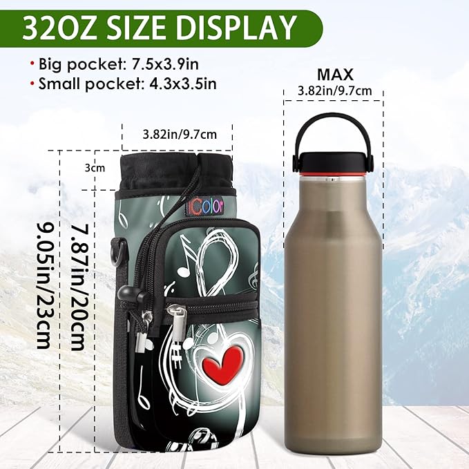 icolor Water Bottle Carrier Bag with Strap 25/32/40 oz Crossbody Bottle Holder with Phone Pocket Sling Sleeve Insulated Neoprene Water Bottle Pouch for Walking Travelling