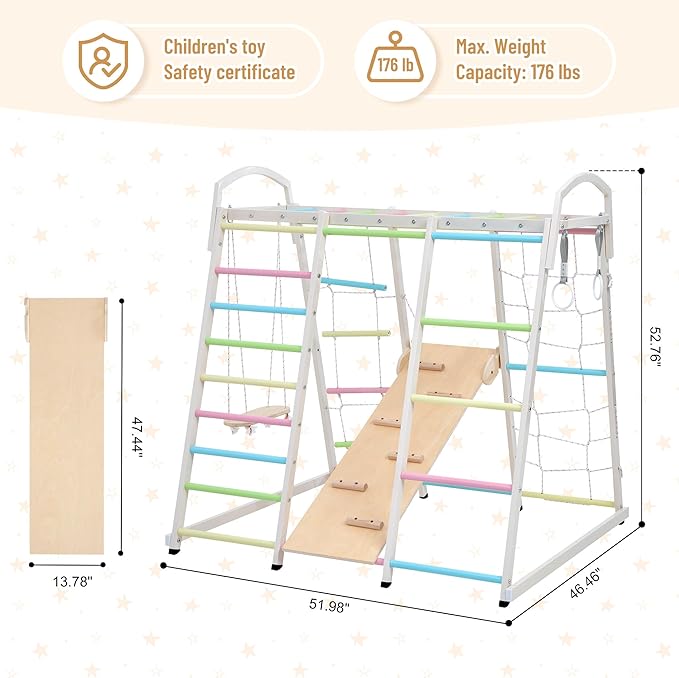 JAXPETY 9-in-1 Indoor Playground, Indoor Jungle Gym for Kids, Toddler Montessori Climbing Gym, Inside Play Gym with Slide, Swing, Monkey Bar, Ladder, Rings