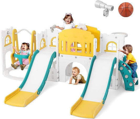 JOYLDIAS 10 in 1 Toddler Slide, Double Kid Climber Slide Playset w/Swing, Basketball Hoop, Telescope, Tunnel, Storage Space and Non-Slip Steps, Indoor Outdoor Backyard Playground Toy for Toddlers