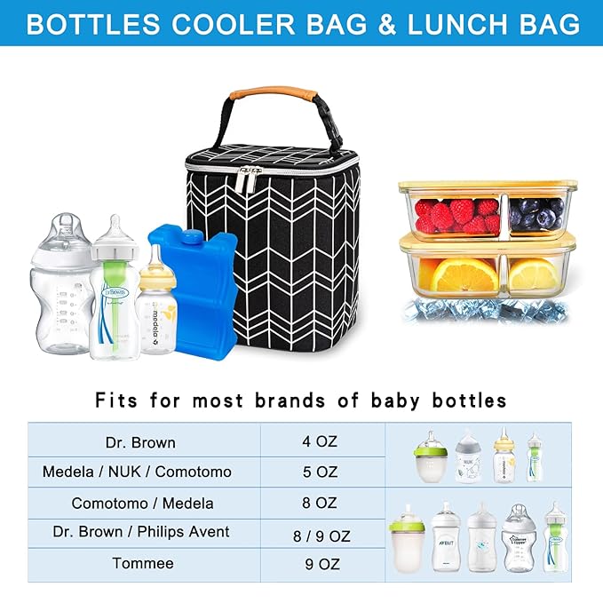 BreastMilk Cooler Bag with Ice Pack Fits 4 Baby Bottles Up to 9 Ounce, Baby Bottle Bag Fits for Nursing Mom Daycare, Black