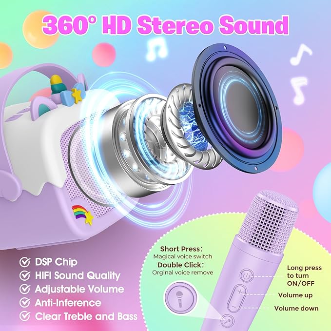 Mini Karaoke Machine for Kids Girls: Unicorn Portable Bluetooth Speakers with 2 Wireless Mic Toys for Girls Age 4-6 7 8 9 Years Old Girl Gifts Birthday Gifts for 5 6 7 8 9 10 11 Years Teens Purple