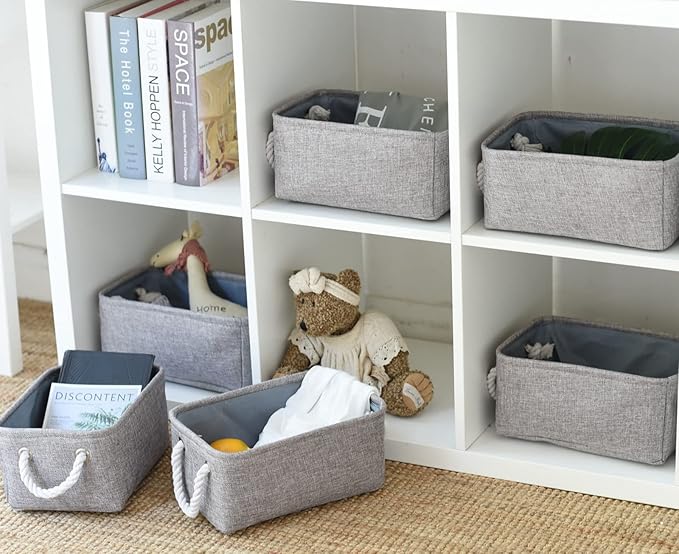 Small Fabric Storage Baskets (6-Pack), Foldable Gift Baskets with Rope Handles for Home & Office Organization