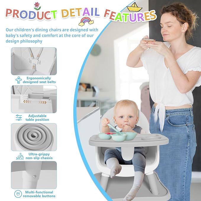 6 in 1 Baby High Chair for Babies and Toddlers, Booster Seat, Kids Learning Table & Chair (Grey)