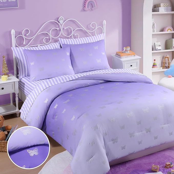 Queen Comforter Set with Sheets for Girls-7 Pieces Queen Bedding Sets with Purple Comforter, Sheets, Pillowcases & Shams for Kids (Purple Butterfly, 90" X 90")