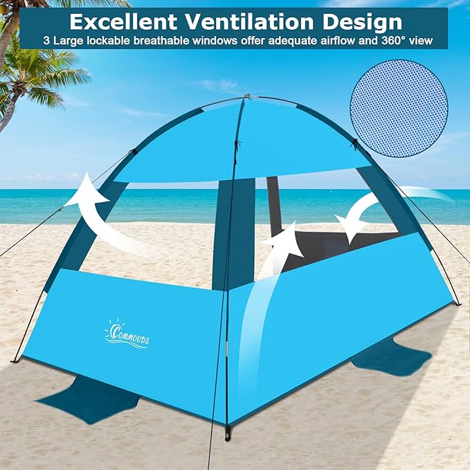 COMMOUDS Beach Tent Sun Shade for 3/4-5/6-7/8-10 Person, UPF 50+ Beach Sun Shelter Canopy Tent, Lightweight, Easy Set Up and Carry