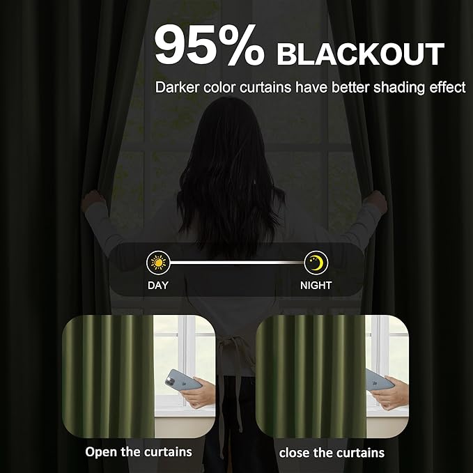KEQIAOSUOCAI 96 Inch Curtains with Pinch Pleat,Warm Cold Blocking Block Out Room Darkening Curtain Drapes for Living Room 8 ft Tall(Dark Olive Green, 40" W x 96" L,2 Panels)