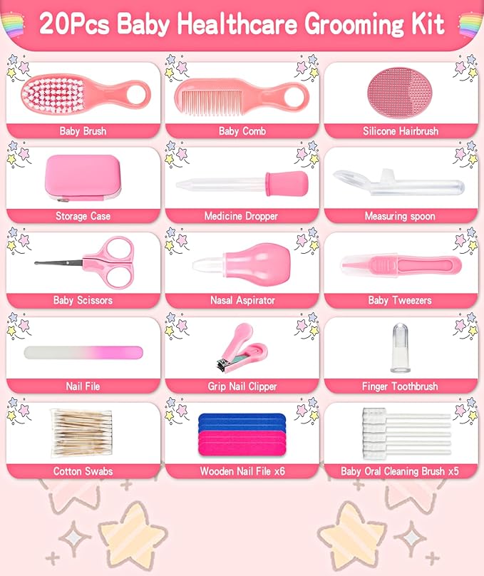 Baby Grooming and Healthcare Kit, Portable Baby Safety Care Set with Hair Brush Comb Nail Clipper Nasal Aspirator for Nursery Newborn Infant Girl Boy (25 in 1 Pink)