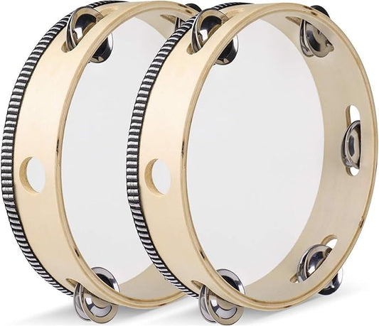 Flexzion Wood Handheld Tambourine 8" Inch Single Row 5 Pair Jingles (2 Pack, Wood) - Hand Held Percussion Drum Moon Musical Tambourine with Ergonomic Handle Grip