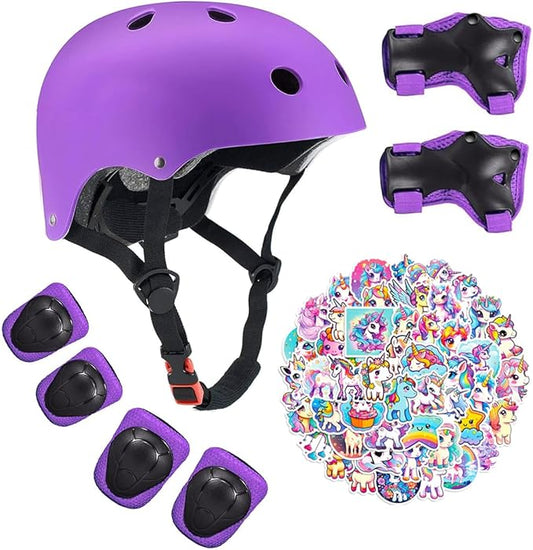 Kids Bike Helmet with Knee Elbow Wrist Pads Guards,Pink,for Ages 2-3-5-8-14,Sports Bicycle,Skate Scooter,Rollerblading with Unicorn Sticker