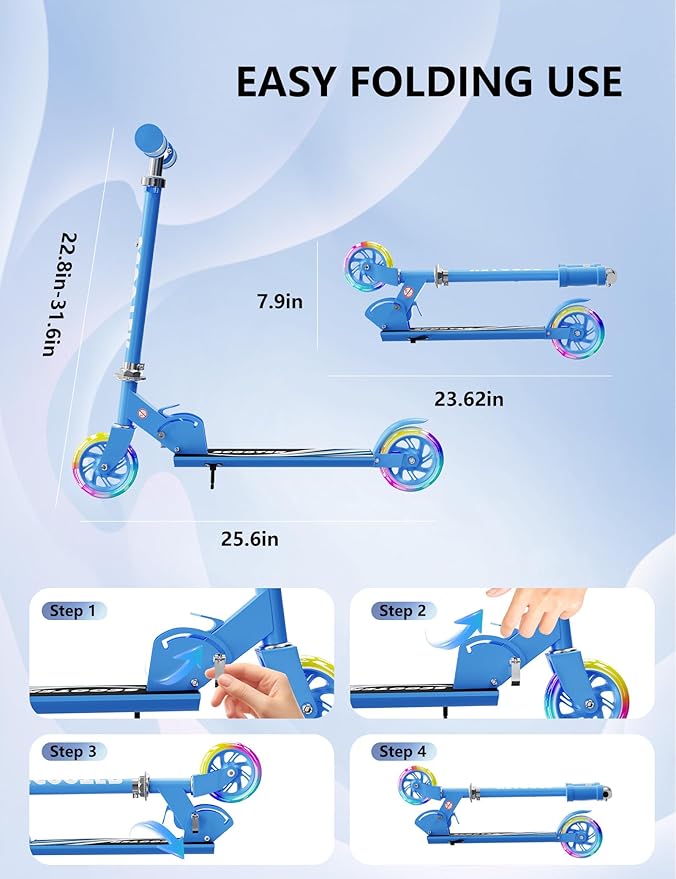 Scooter for Kids Ages 3+, 2 Wheels Kids Kick Scooter with Led Light Up & 3 Levels Adjustable, Lightweight Foldable for Boys&Girls