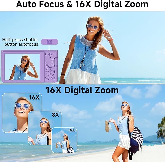 Digital Camera, FHD 4K 44MP Digital Camera, 16X Digital Zoom, Digital Point and Shoot Camera with 3-LED Fill Lights, 64GB SD Card, Compact Camera for Kids Teen Boys Girls, Purple
