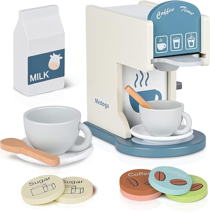 Play Kitchen Accessories Kids Wooden Coffee Maker Toy Espresso Machine Toddler Toy Kitchen Sets for Girls and Boys (Coffee Maker) (White)