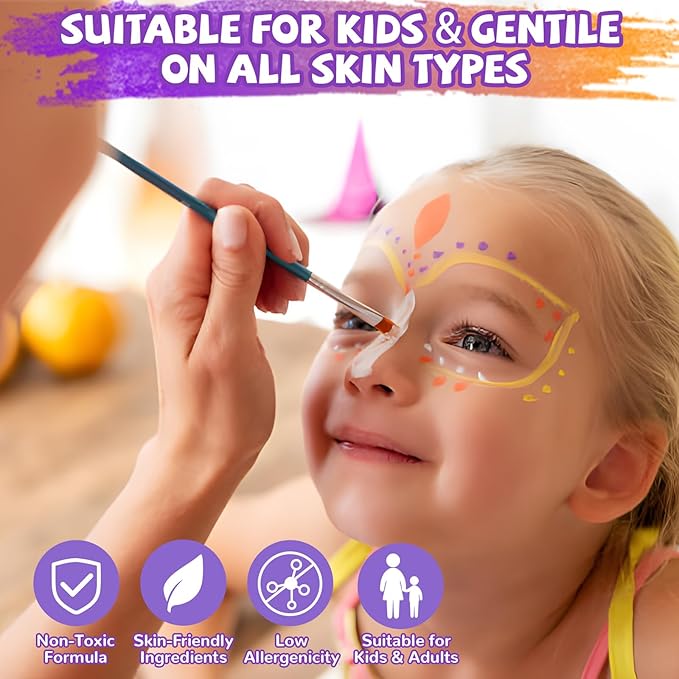 Professional Face Painting Kit for Kids – 54 Color Water Activated Facepaint Makeup Kit, Non-Toxic face Paint with Stencils, Gems, Brushes– for Halloween, Parties, Carnival, School Event & Festivals
