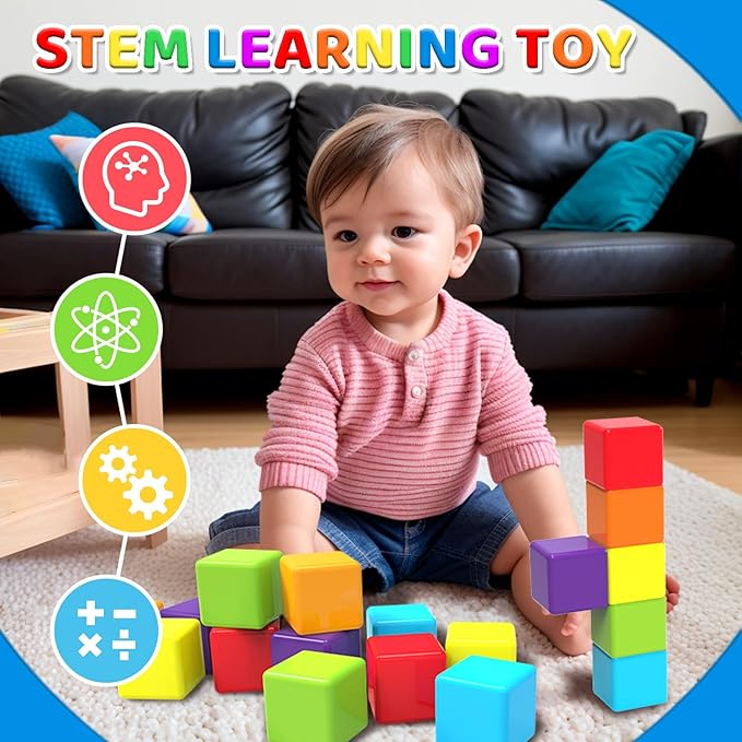 Magnetic Building Blocks, 1.65 inch Large Magnetic Stacking Cubes for Toddlers, Sensory & Montessori Toys for Boys & Girls 1 2 3 Years Old (24 PCS)