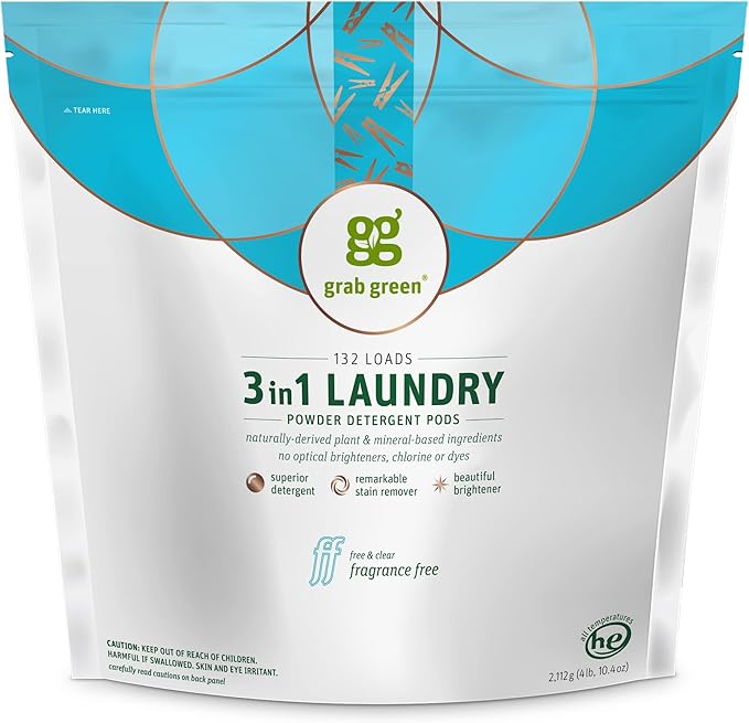 Grab Green 3-in-1 Laundry Detergent Pods, 132 Count, Fragrance Free, Plant and Mineral Based, Superior Cleaning Power, Stain Remover, Brightens Clothes