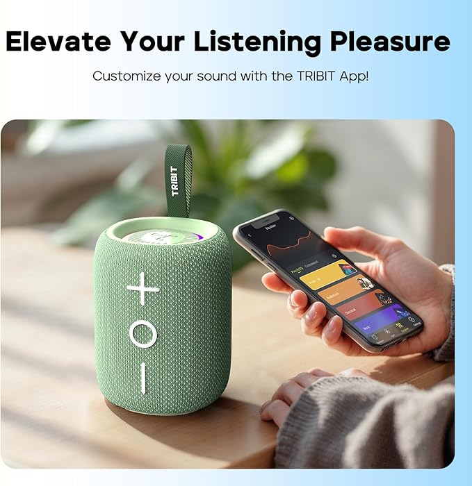 Tribit Bluetooth Speaker StormBox Mini+, 12W Shower Speaker with 360° Sound, 12H Playtime, Custom EQ, BT5.4, IPX7 Waterproof, RGB Lights, Type-C, AAC/SBC, TWS, Portable for Camping/Backyard (Green)