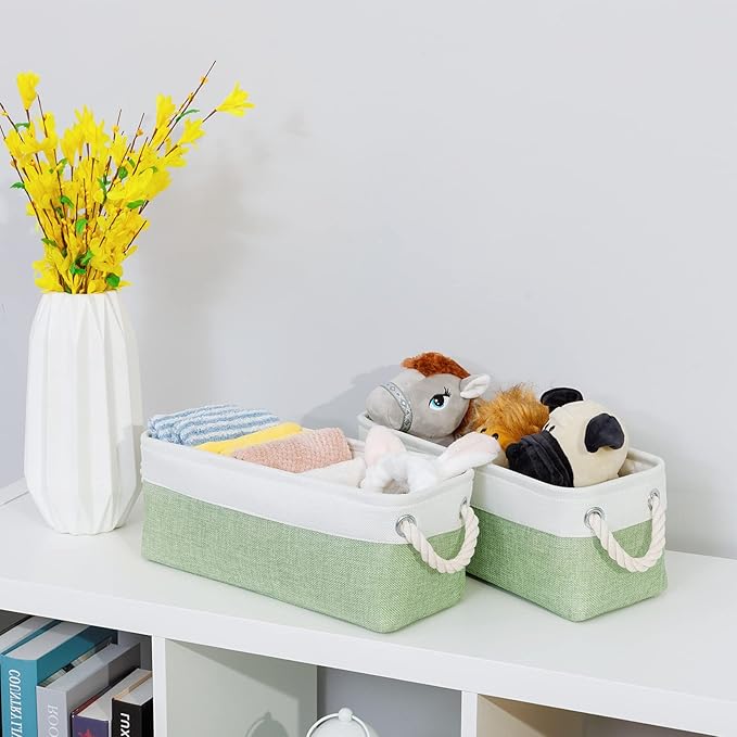DULLEMELO Toilet Paper Storage Basket, Toilet Paper Basket for Back of Toilet, Bathroom Storage Basket for Cosmetics Towels Toilet Paper, Toilet Tank Basket with Rope Handles for Toilet(White&Green)
