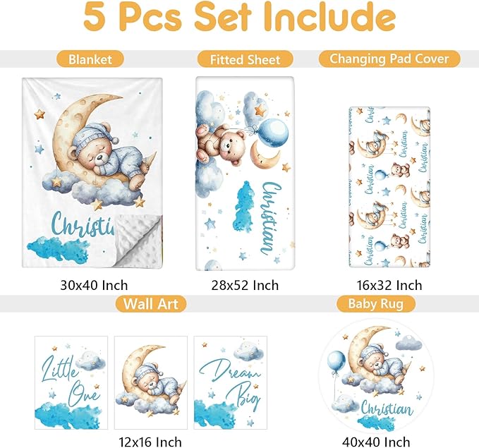 Personalized Baby Bedding Set, 5 Pcs Custom Baby Crib Sets with Name, Toddler Bedding Set for Baby Girls Boys, Blue Bear Double Layer Nursery Bedding Set, Customized Gifts for Infants Kids