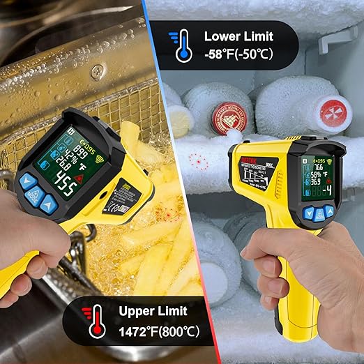 MESTEK Infrared Thermometer Laser Temperature Gun, -58°F to 1472°F (-50~800°C), Non-Contact Digital IR Thermometer Temp Gun Gun with Color LCD for Cooking Pizza Oven, Adjustable Emissivity