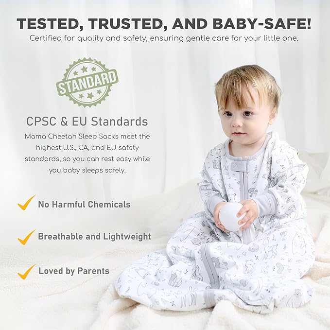 Mama Cheetah Baby Sleep Sack with Sleeves, 0.5 TOG Organic Cotton Wearable Blanket and Two-Way Zipper, Swaddle Transition Long Sleeve Sleeping Bag for Newborn Infant Toddler, 24-48 Months