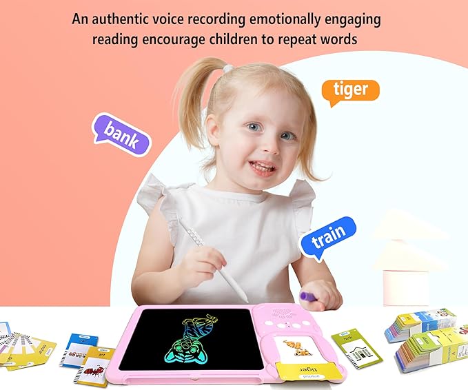 Rylai Toddler Toys Talking Flash Cards, Kindergarten Learning Resources 510 Sight Words with Drawing Tablet for Speaking Doodling, Sensory Toys for Kids with Autism, Boys Girls 2 3 4 5 6, Pink
