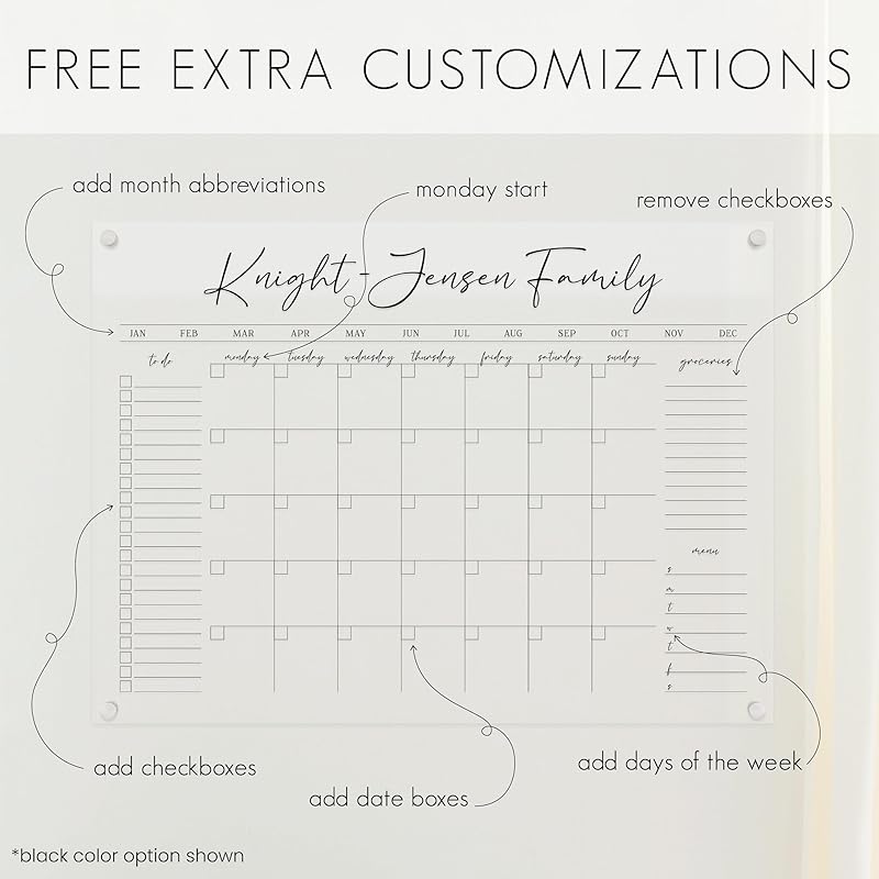 Personalized Clear Acrylic Calendar for Wall, Calendar Whiteboard for Wall, Dry Erase Wall Calendar, Wall Calendar Organizer System for Home (Cursive, Jade, 23"W x18.5"H)