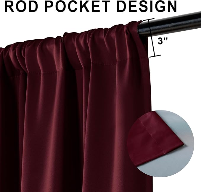 XWZO Full Shading Blackout Curtains 54 Inches Length - Heat and Light Blocking Rod Pocket Window Drapes with Black Liner Backing for Bedroom Sewn with Tiebacks, Burgundy, W42 x L54, Set of 2 Panels