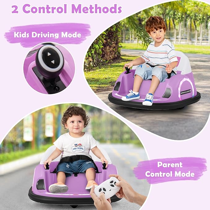 GLACER 12V Bumper Car, Electric Kids Bumper Car w/Parental Remote, 3-Speed, 360°Spin, Music, LED Light, Battery Ride on Bumper Car w/Dual Joysticks, Baby Bumper Car for Toddlers 18 Months+ (Pink)